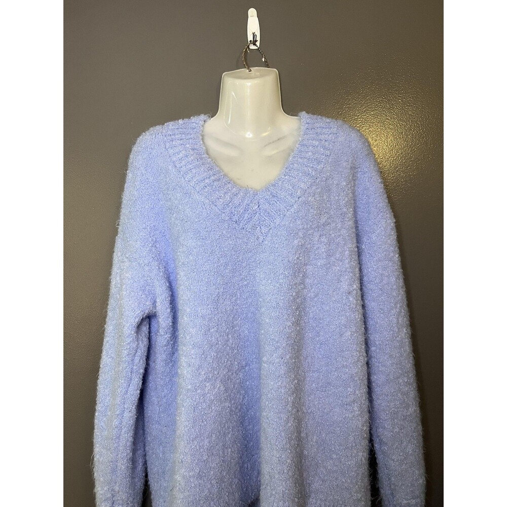Aerie Sweater Womens Medium Blue Fuzzy Chunky Knit V Neck Pullover Cozy Soft